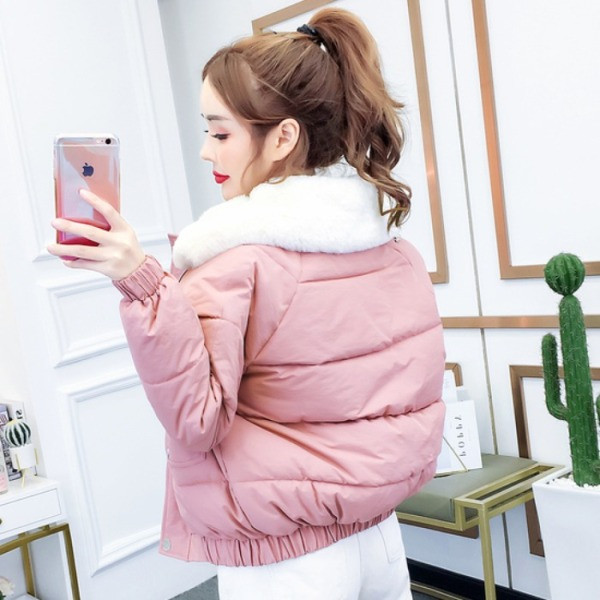 Modern női téli rövid kabát magas gallérral sárga és rózsaszín színben