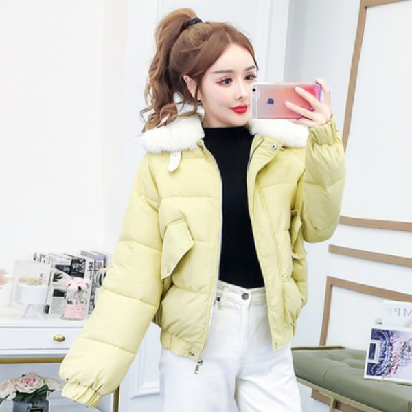 Modern női téli rövid kabát magas gallérral sárga és rózsaszín színben