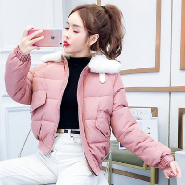 Modern női téli rövid kabát magas gallérral sárga és rózsaszín színben