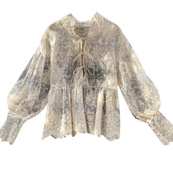 Stílusos női ing nyakkendővel és csipkével bézs és fekete színben