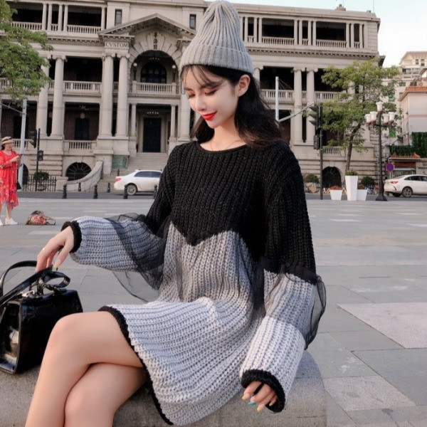 Modern női téli ruha O-nyakú szürke színben