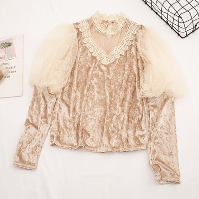 Bluză de damă elegantă din catifea în patru culori cu dantelă