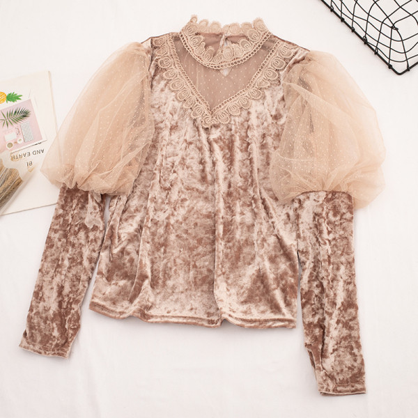 Bluză de damă elegantă din catifea în patru culori cu dantelă