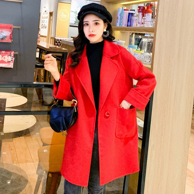 Модерно дамско зимно палто с копче и джобове в червен цвят 