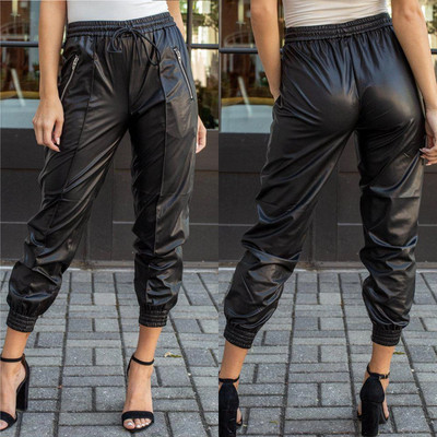 Νεο μοντέλο μοντέρνα δερμάτινα παντελόνια με κορδόνια και τσέπες σε μαύρο χρώμα