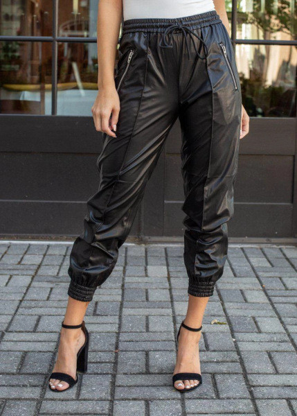 Νεο μοντέλο μοντέρνα δερμάτινα παντελόνια με κορδόνια και τσέπες σε μαύρο χρώμα