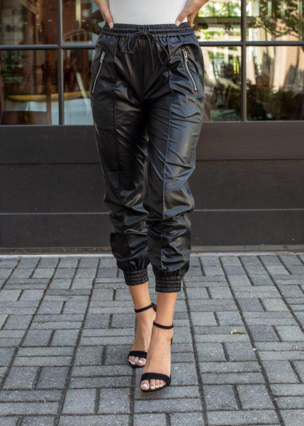 Νεο μοντέλο μοντέρνα δερμάτινα παντελόνια με κορδόνια και τσέπες σε μαύρο χρώμα