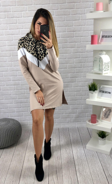 Rochie casual de toamna de dama cu model animal si cravate in bej si negru