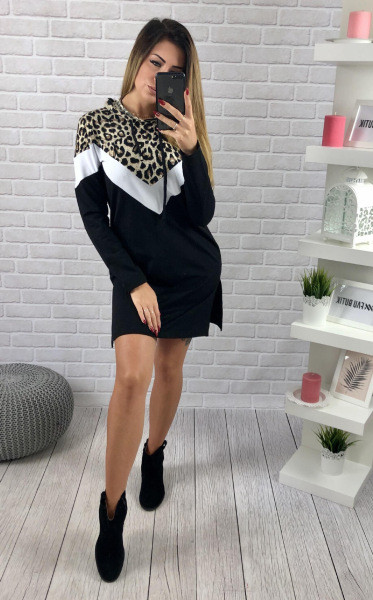 Rochie casual de toamna de dama cu model animal si cravate in bej si negru