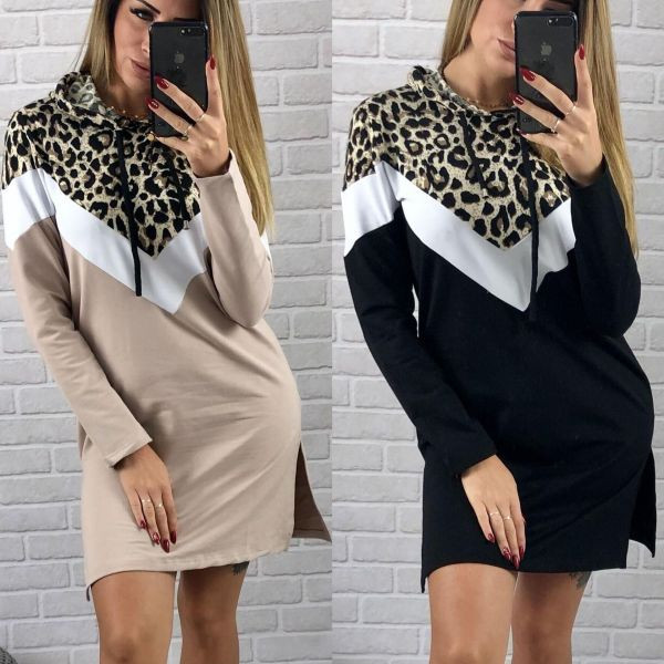 Rochie casual de toamna de dama cu model animal si cravate in bej si negru