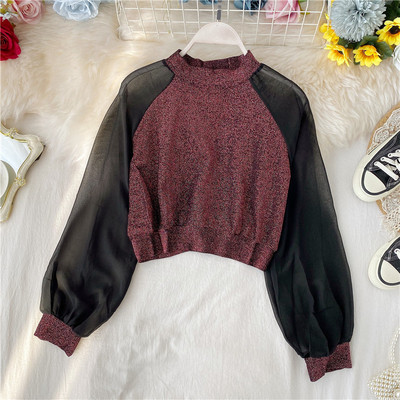 Modern női rövid blúz fényes hatású, hosszú ujjú több színben