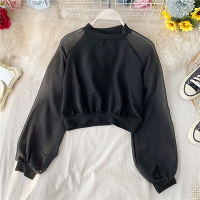 Modern női rövid blúz fényes hatású, hosszú ujjú több színben