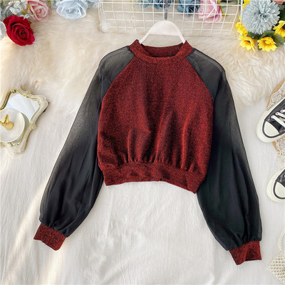 Modern női rövid blúz fényes hatású, hosszú ujjú több színben