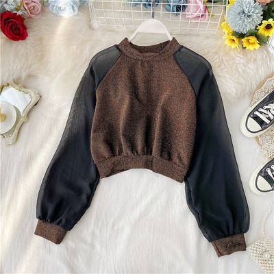 Modern női rövid blúz fényes hatású, hosszú ujjú több színben