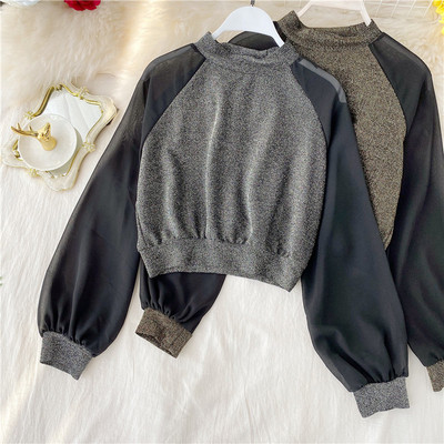 Modern női rövid blúz fényes hatású, hosszú ujjú több színben