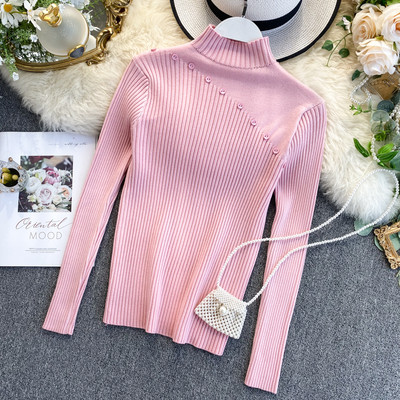 Μοντέρνο γυναικείο πουλόβερ με κουμπιά και ψηλό κολάρο