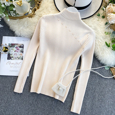 Μοντέρνο γυναικείο πουλόβερ με κουμπιά και ψηλό κολάρο