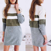 Alkalmi női téli ruha magas gallérral és hosszú ujjú szürke színben