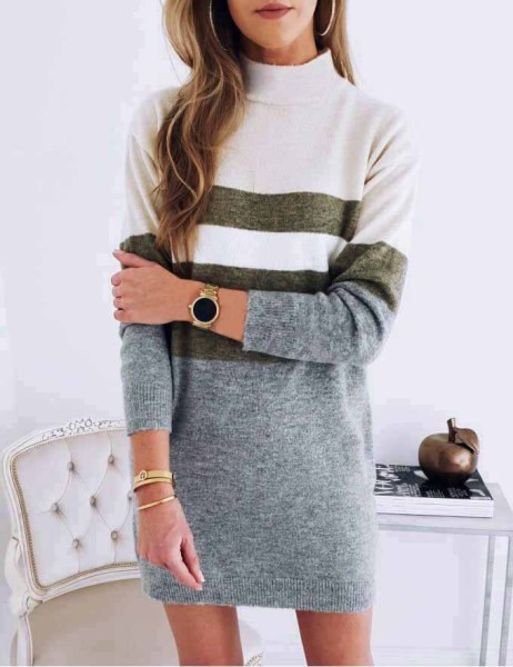 Alkalmi női téli ruha magas gallérral és hosszú ujjú szürke színben