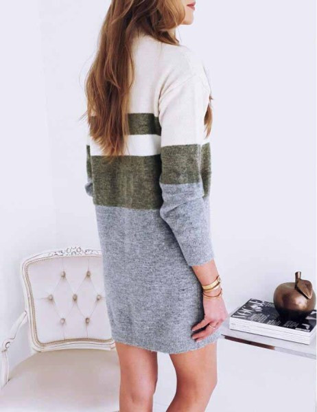 Alkalmi női téli ruha magas gallérral és hosszú ujjú szürke színben