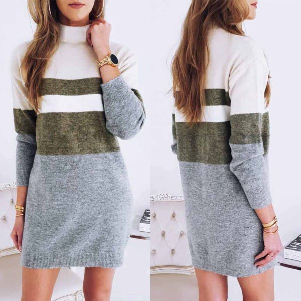 Alkalmi női téli ruha magas gallérral és hosszú ujjú szürke színben