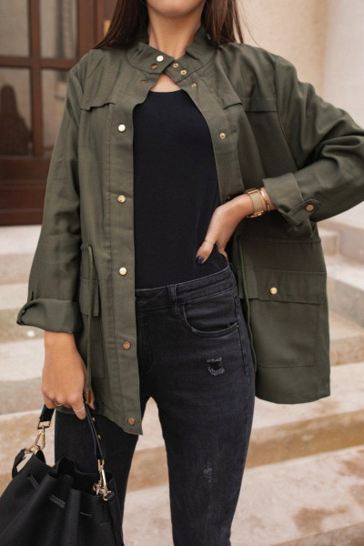 Geaca de toamna moderna de dama cu nasturi si cravate in verde