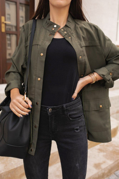 Geaca de toamna moderna de dama cu nasturi si cravate in verde