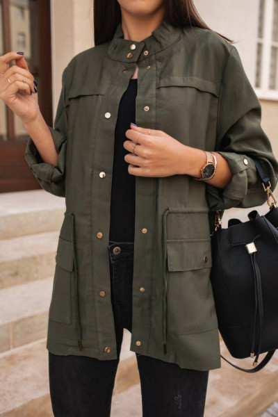 Geaca de toamna moderna de dama cu nasturi si cravate in verde