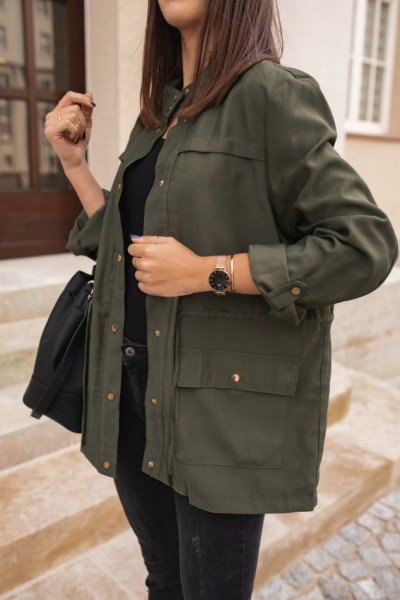 Geaca de toamna moderna de dama cu nasturi si cravate in verde