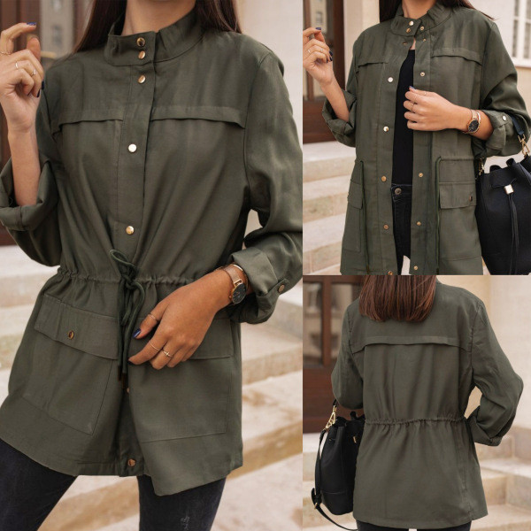 Geaca de toamna moderna de dama cu nasturi si cravate in verde