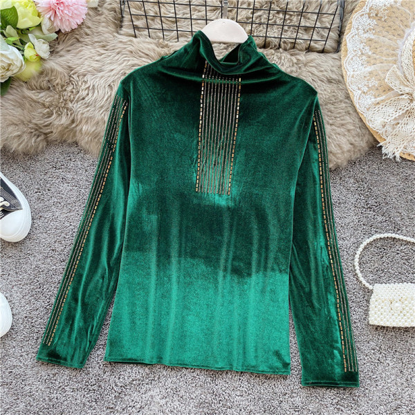 Modern női blúz kövekkel és magas gallérral, különböző színekben