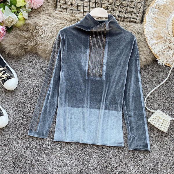 Modern női blúz kövekkel és magas gallérral, különböző színekben