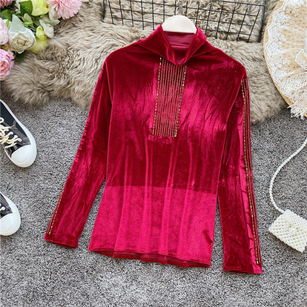 Modern női blúz kövekkel és magas gallérral, különböző színekben