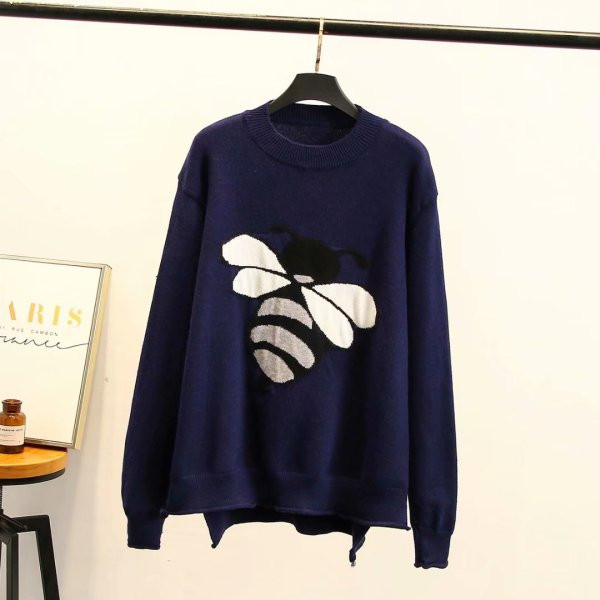 Alkalmi női pulóver O-nyakkal és kék és narancssárga hímzéssel