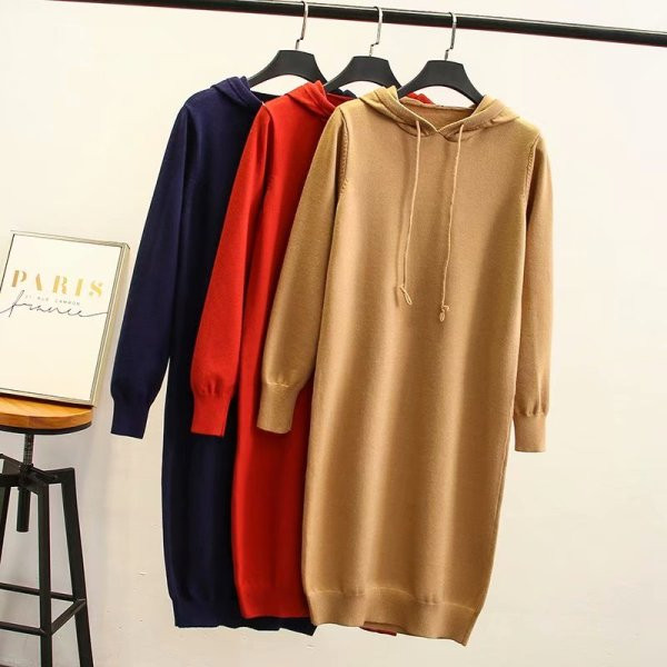 Μοντέρνο μακρύ γυναικείο πουλόβερ με κορδόνια και κουκούλα σε τρία χρώματα