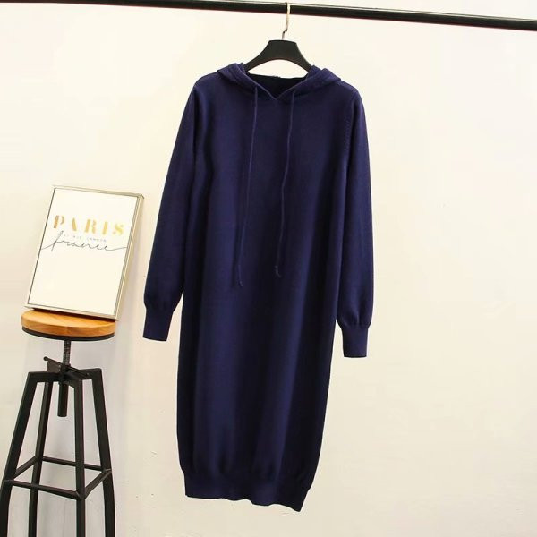 Μοντέρνο μακρύ γυναικείο πουλόβερ με κορδόνια και κουκούλα σε τρία χρώματα