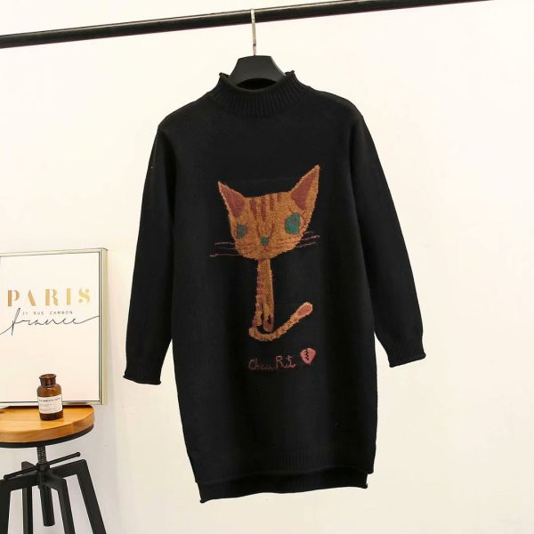 Pulover casual dama cu guler inalt si broderie in gri si negru