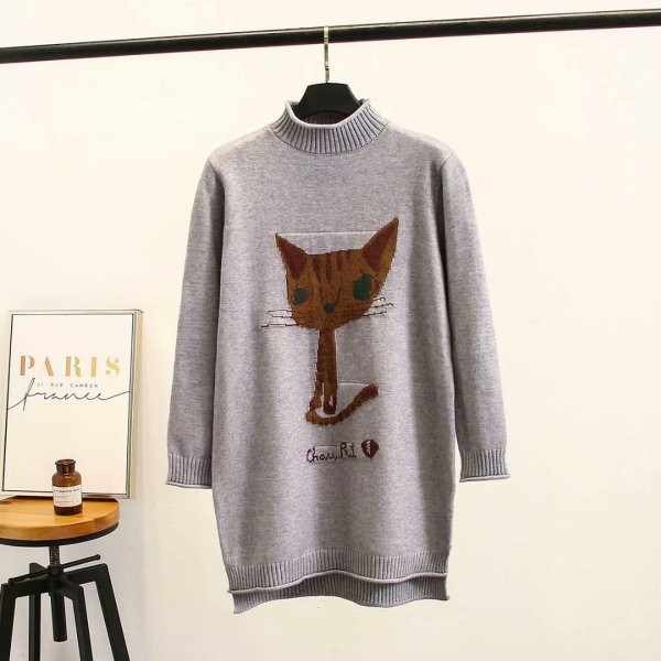 Pulover casual dama cu guler inalt si broderie in gri si negru