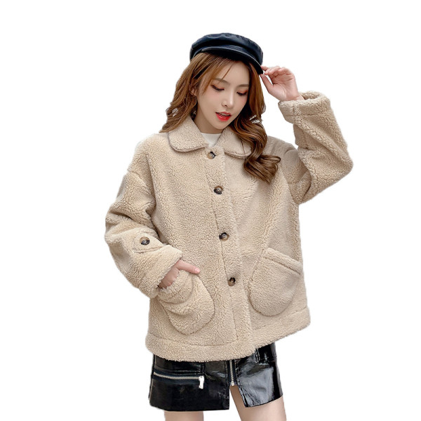 Модерно дамско палто с джобове и копчета в бежов и розов цвят