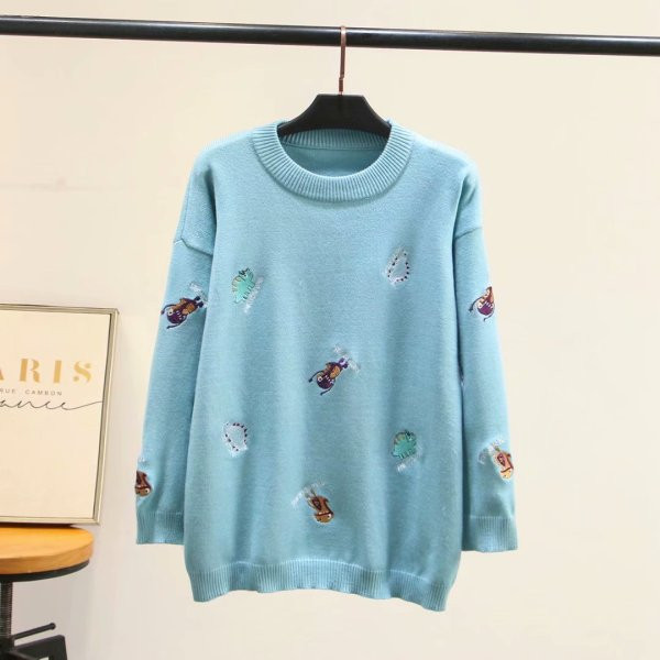 Pulover de dama modern cu broderie si decolteu O in cinci culori