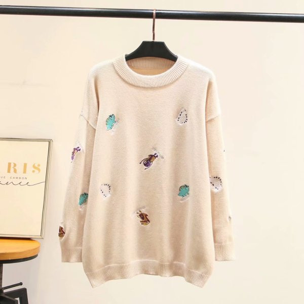 Pulover de dama modern cu broderie si decolteu O in cinci culori