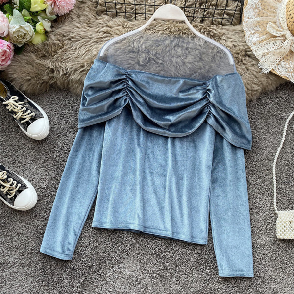 Stílusos női bársony blúz tüll és hosszú ujjú több színben