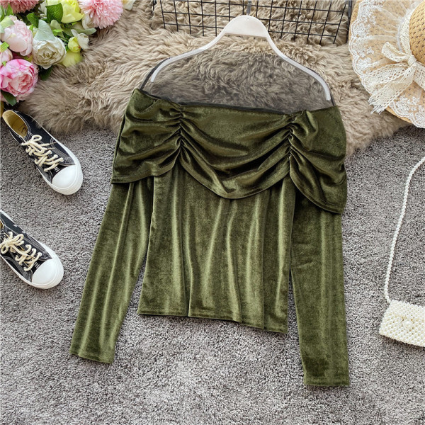 Stílusos női bársony blúz tüll és hosszú ujjú több színben