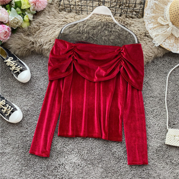 Stílusos női bársony blúz tüll és hosszú ujjú több színben