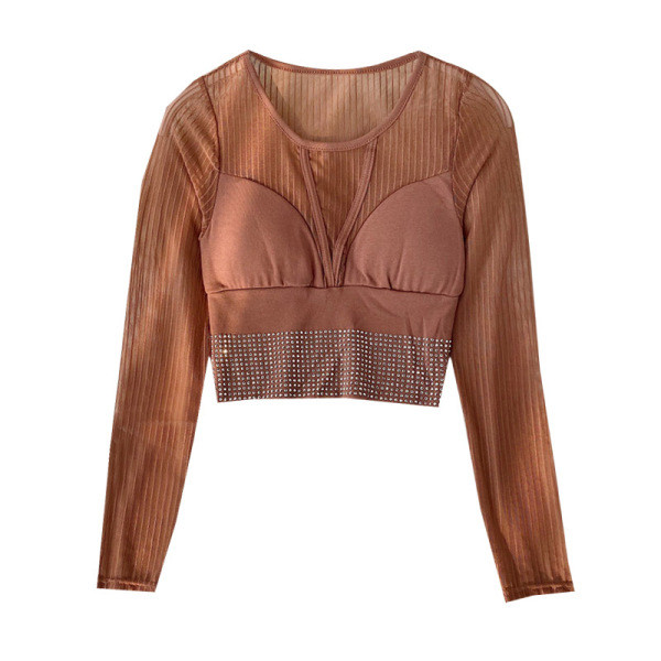 Bluză scurtă de damă modernă cu decolteu oval și pietre în patru culori