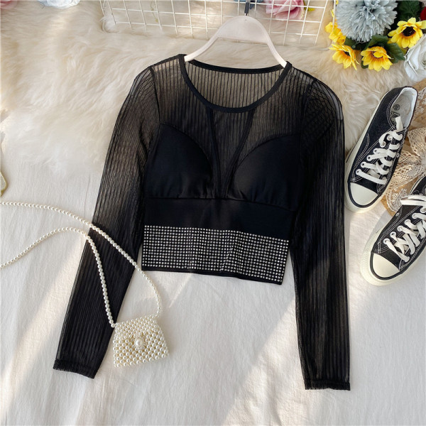 Bluză scurtă de damă modernă cu decolteu oval și pietre în patru culori