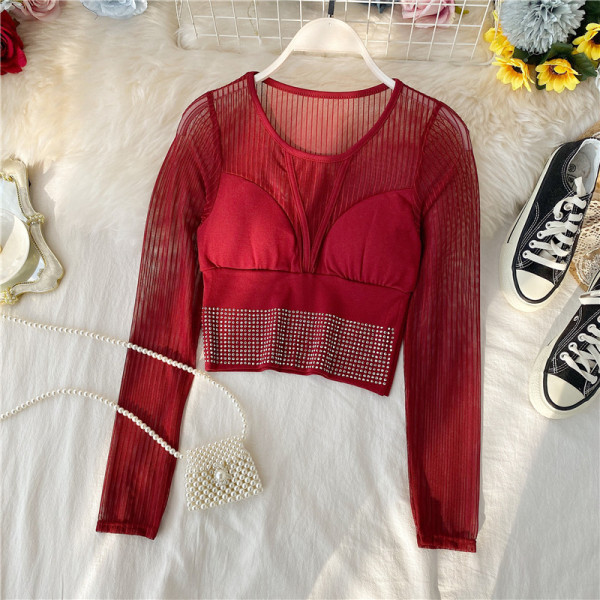 Bluză scurtă de damă modernă cu decolteu oval și pietre în patru culori