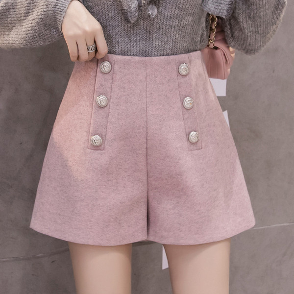 Pantaloni moderni de dama cu talie inalta si nasturi in roz, negru si bej