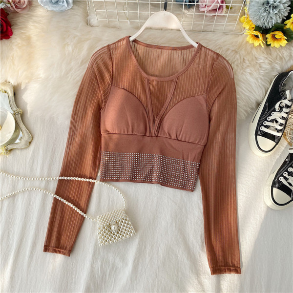 Modern női blúz kövekkel és ovális nyakkivágással, négy színben