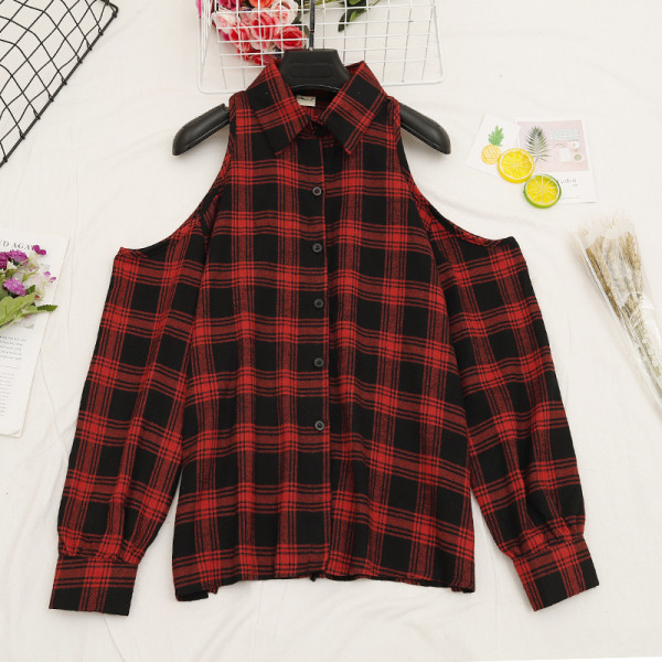 Kockás női ing három színben, klasszikus gallérral, csupasz vállakkal